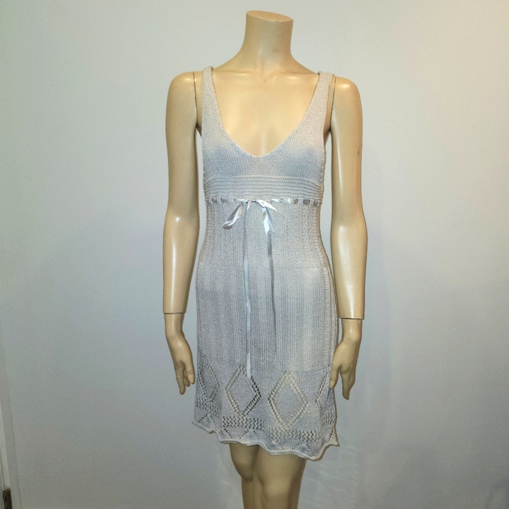 Crochet sleeveless light greyish blue dress size small. Made in Italy